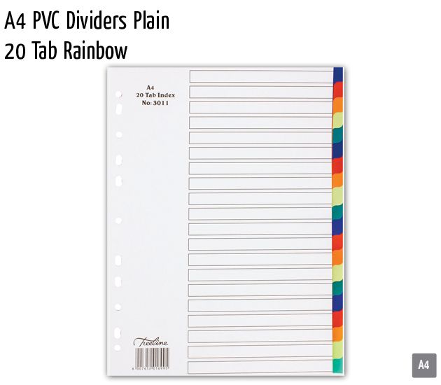 a4 pvc dividers plain 20 tab rainbow