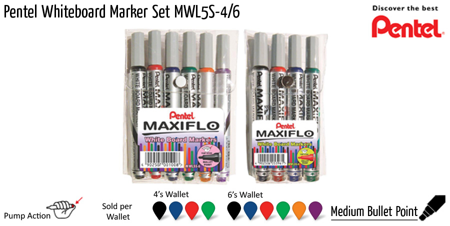 wbmarkers pentel whiteboard marker set mwl5s 4 6